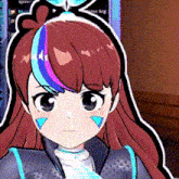 a close up of a cartoon girl with red hair and blue highlights
