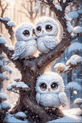 three white owls are sitting on a snowy tree branch .