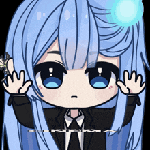 a drawing of a girl with blue hair and a black suit has the letter m on it