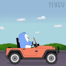 a cartoon of a penguin driving a car with the word pengu on the bottom right