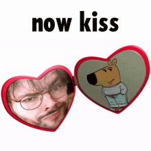 a heart shaped mirror with a picture of a man and a dog on it
