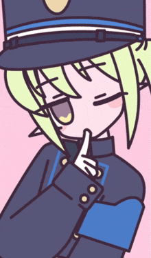 a cartoon drawing of a girl in a police uniform holding her finger to her lips