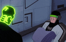 a cartoon character with a green glowing head has the number 92 on his chest