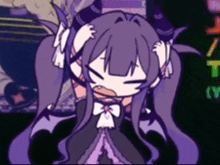 a cartoon of a girl with purple hair and a purple dress