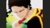 a blurry picture of a man with a red ribbon in his mouth