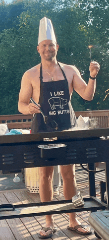 a shirtless man wearing a chef hat and apron that says i like big butts