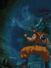 a cartoon of a man with blue hair and a chinese symbol on his back