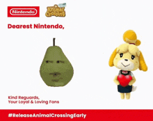 a nintendo ad for animal crossing with a stuffed animal and a pear