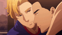 a couple of anime characters are hugging each other and one has a red shirt on