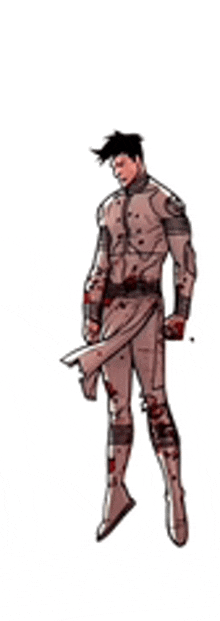 a drawing of a man in a superhero costume with blood on his pants .