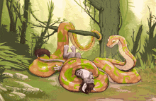 a cartoon drawing of a snake eating a rabbit