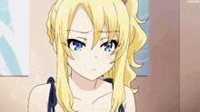 a blonde anime girl with blue eyes and a ponytail is making a funny face .