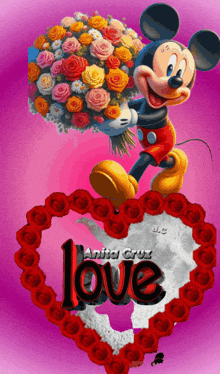 a picture of mickey mouse holding a bouquet of flowers with the word love surrounded by red roses