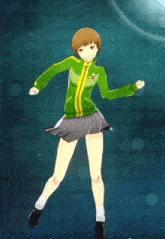 a girl in a green jacket and gray skirt is dancing in a video game