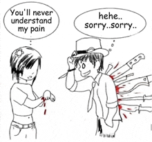 a black and white drawing of a man with a knife in his back talking to a woman