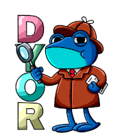 a detective frog holding a magnifying glass and a book