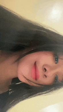 a close up of a woman 's face with long hair and pink lipstick