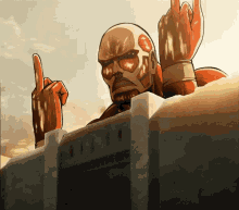 a cartoon drawing of a man with a bald head pointing up