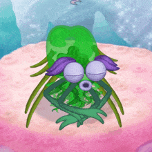 a cartoon drawing of a green and purple creature