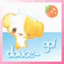 a yellow and white dog is holding a strawberry in its mouth .