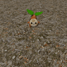 a stuffed animal with a green leaf is laying on the ground with the words pouet written above it