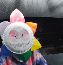 a person wearing a paper plate with a face on it