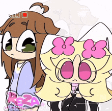 a cartoon of a girl and a cat with flowers on their hair