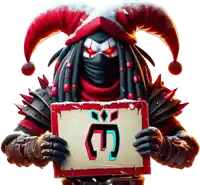 a jester with dreadlocks is holding a sign that says e on it