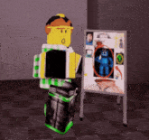 a cartoon character is standing next to a board with a picture of a blue monster on it