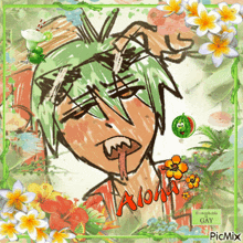 a drawing of a boy with green hair and the word aloha on the bottom