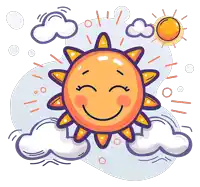 a smiling sun is surrounded by clouds and rays