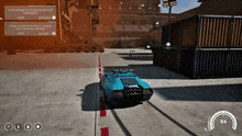 a blue car is driving down a road in a video game with a speedometer that reads 84