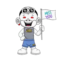 a cartoon character holding a flag that says miss you on it