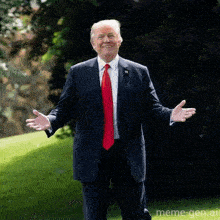 a man in a suit and tie is standing with his arms outstretched in front of a meme-gen.ai logo