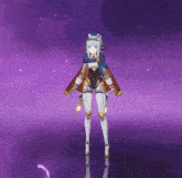 a cartoon character is standing on a purple background .