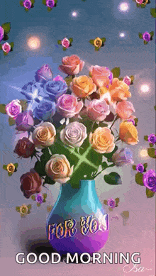 a vase filled with colorful roses with the words `` for you '' written on it