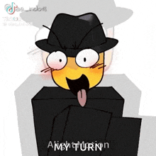 a yellow cartoon character wearing a black hat and a black shirt is sticking out his tongue .