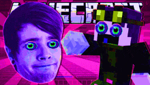 a man 's face is glowing in the dark in front of the word minecraft