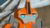a cartoon drawing of an orange robot with a sad look on his face