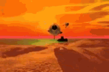 a cartoon character is standing on a rock in the water at sunset .