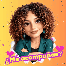 a cartoon of a woman with curly hair and the words me acompañas on the bottom