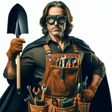 a man wearing overalls and goggles holds a shovel in his hand