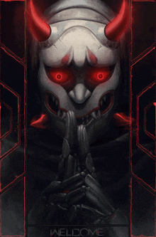 a picture of a demon with red eyes and the words welcome