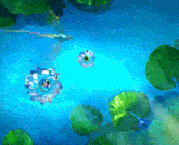 a fish is swimming in a pond surrounded by lily pads and flowers