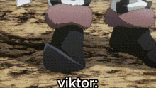a couple of cartoon characters standing next to each other on a dirt field with the words viktor written on the bottom .