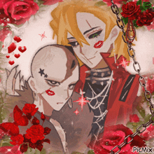 a picture of two anime characters with red roses and chains has picmix written on the bottom right