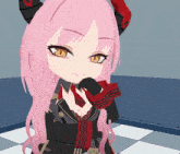 a girl with pink hair and horns is wearing a black outfit