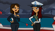 two cartoon characters standing next to each other one with an anchor on her hat