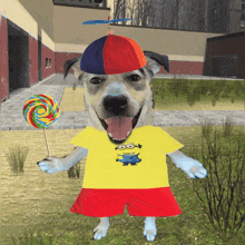 a dog wearing a yellow shirt with minions on it holding a lollipop
