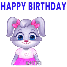 a cartoon rabbit is holding a bouquet of flowers and says happy birthday katie